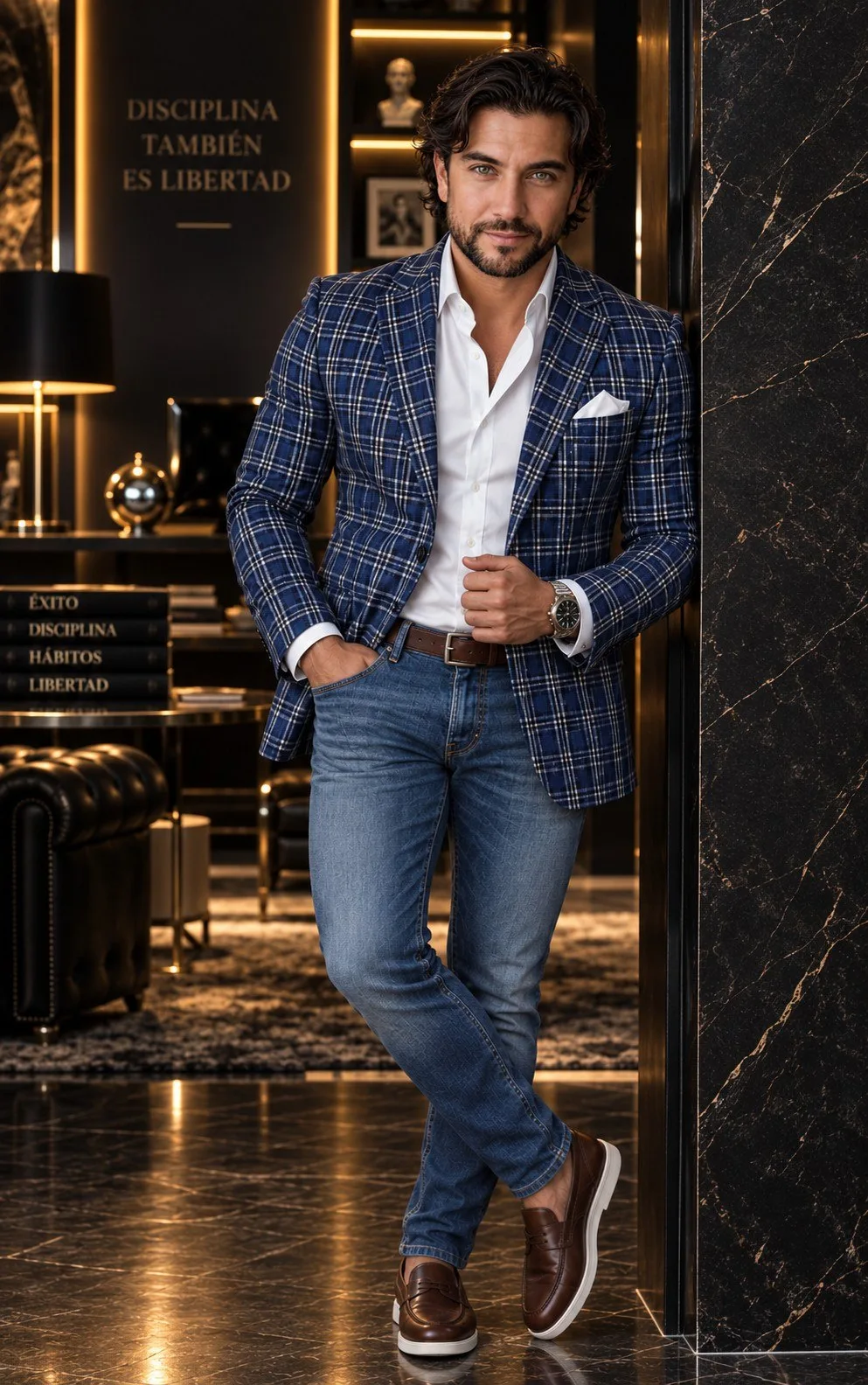 Bernardo Godoy, con saco de cuadros azules y camisa blanca, recargado en un muro de mármol negro frente a su biblioteca