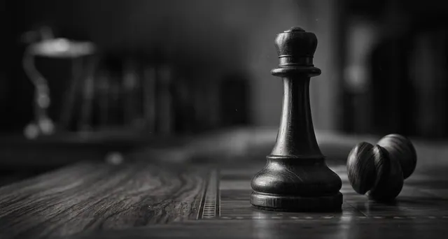 Pieza de ajedrez negra sobre un tablero de madera, en blanco y negro