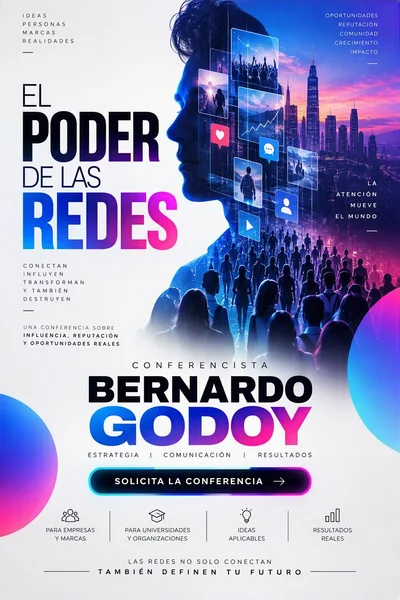 Cartel de la conferencia El poder de las redes: perfil de un hombre sobre pantallas y una ciudad de colores