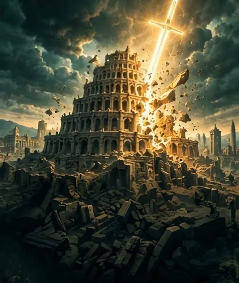 Portada del programa Derribando Babilonia: una espada de luz cae sobre la torre de Babel y la hace pedazos