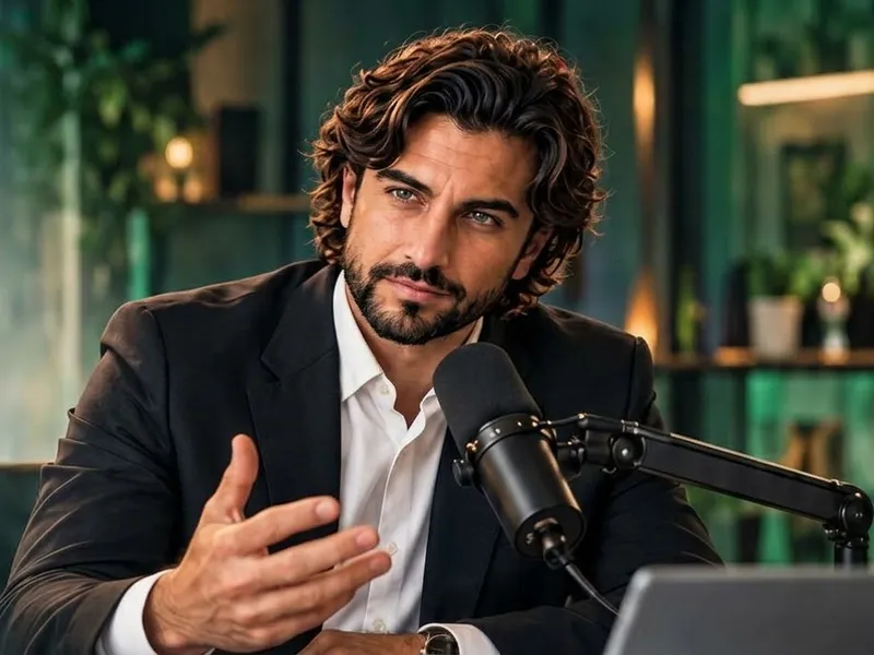 Bernardo Godoy conversando frente a un micrófono de estudio de podcast