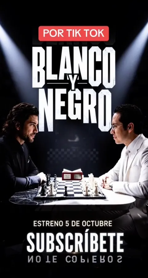 Cartel de En blanco y negro: dos hombres frente a frente en una partida de ajedrez