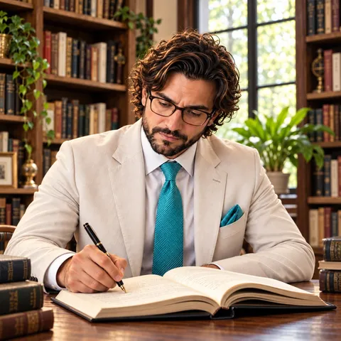 Bernardo Godoy con saco claro y corbata turquesa escribiendo en un libro abierto, en su biblioteca
