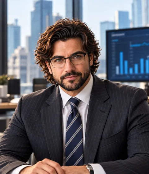 Bernardo Godoy con traje a rayas y gafas, sentado frente a un monitor con gráficas de negocio
