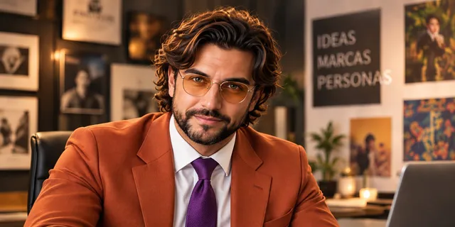Bernardo Godoy con saco naranja y gafas ámbar en su estudio, junto a un tablero con las palabras ideas, marcas, personas