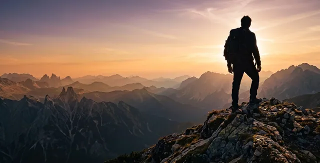 Silueta de un hombre en la cima de una montaña al amanecer